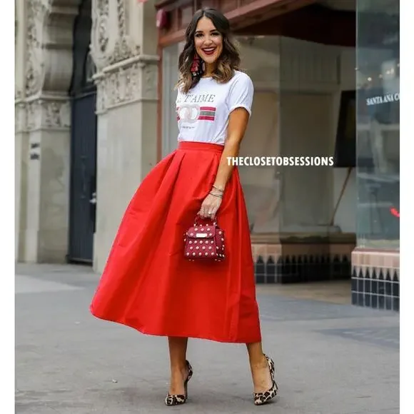 ZARA Blogger Fave Bright Red A-Line High Waist Midi Skirt NWT - Picture 10 of 16